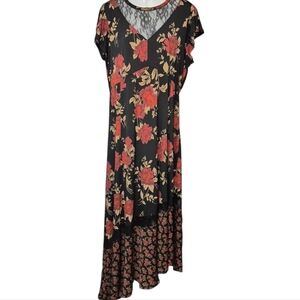 TORRID Midi Dress Black Red Floral Lace Asymmetrical Romantic Flowy Size 1X